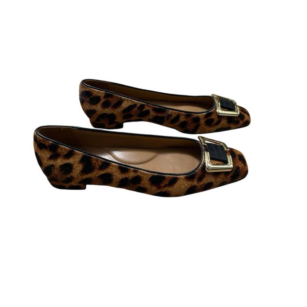 Talbots Sutton Leopard Calf Hair Square Toe Gold Buckle Ballet Flats 8.5